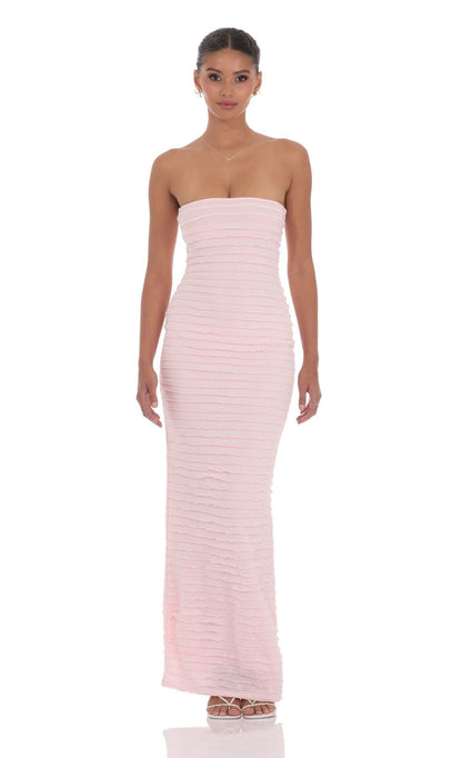 Lucy In The Sky Strapless Ruffle Maxi Dress in Pink