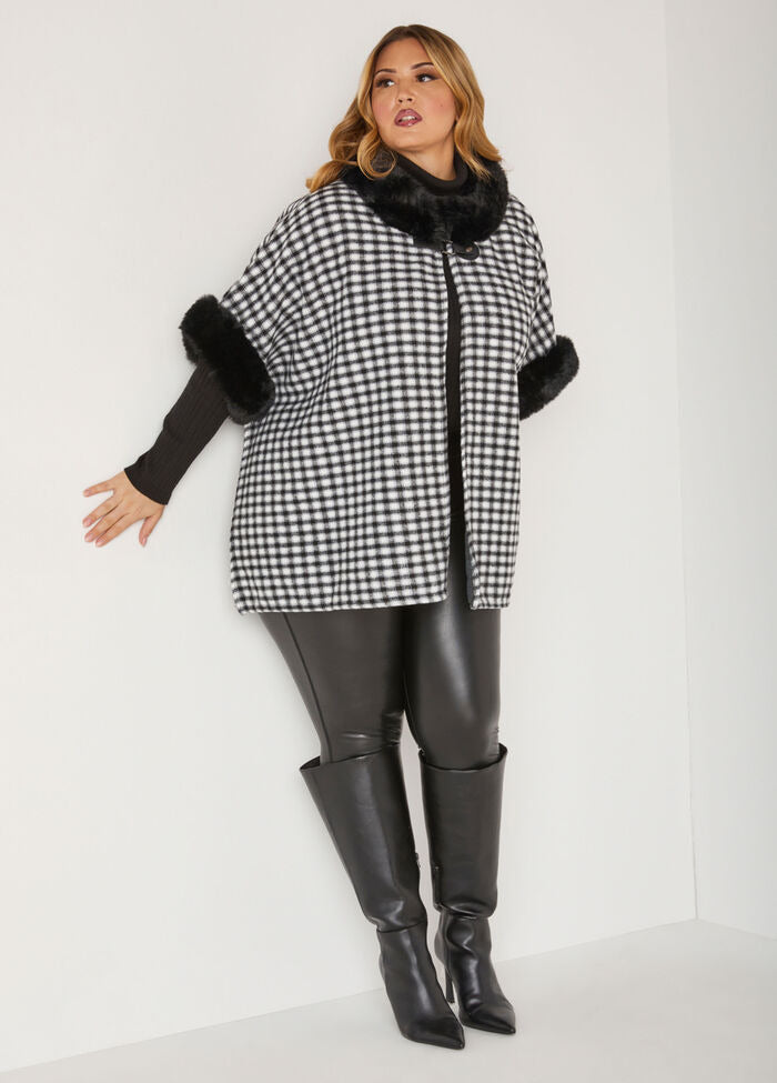 Ashley Stewart Faux Fur Trimmed Plaid Poncho