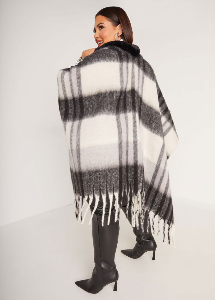 Ashley Stewart Faux Fur Trimmed Plaid Ruana (x2)