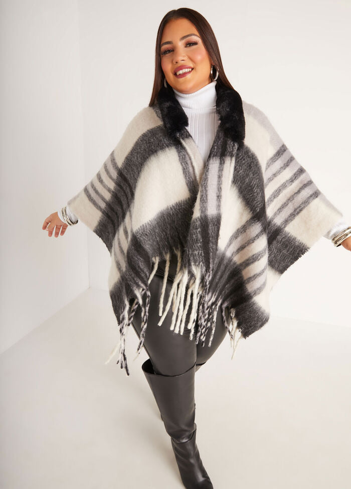 Ashley Stewart Faux Fur Trimmed Plaid Ruana (x2)