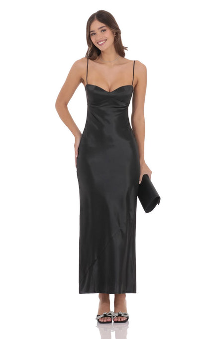 Lucy In The Sky Satin Back Tie Maxi Dress in Black