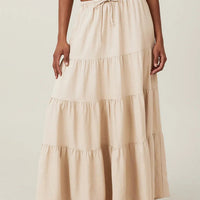 Ursime Casual High Rise Elastic Waist Lace-Up Tiered Maxi Skirt