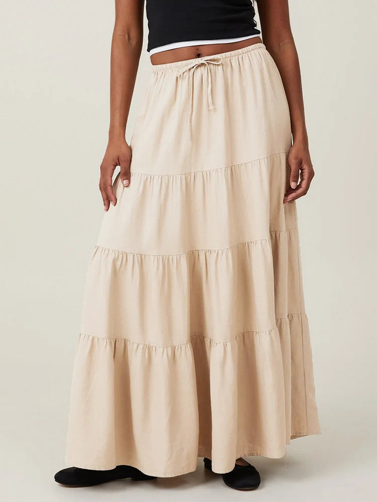 Ursime Casual High Rise Elastic Waist Lace-Up Tiered Maxi Skirt