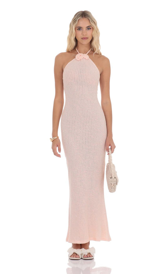 Lucy In The Sky Crochet Halter Maxi Dress in Pink