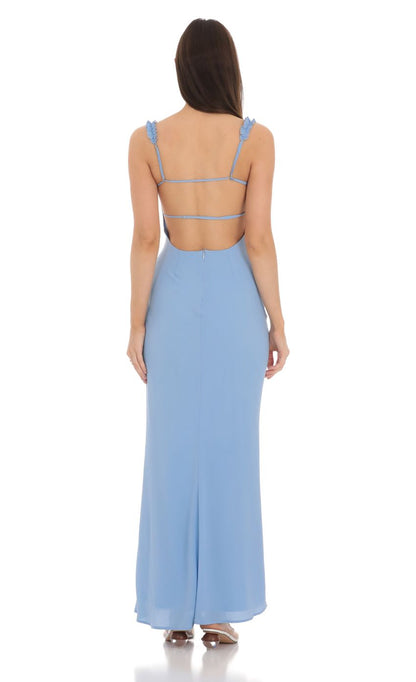 Lucy In The Sky Square Neck Ruffle Strap Maxi Dress in Blue