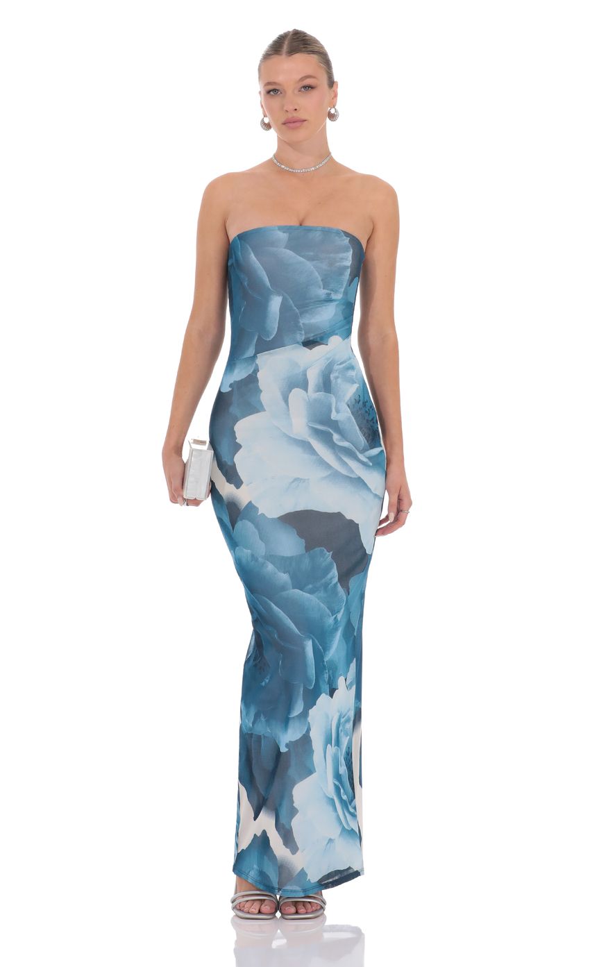 Lucy In The Sky Floral Strapless Maxi Dress in Blue
