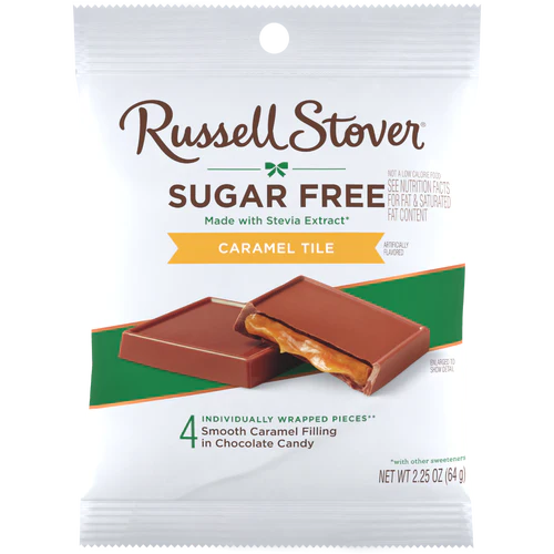 Russell Stover Chocolates Sugar Free Caramel Tiles Candy, 2.25 oz bag