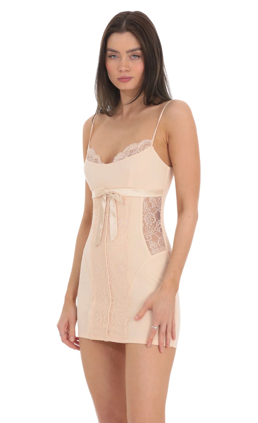 Lucy In The Sky Lace Cutout Bow Dress in Peach
