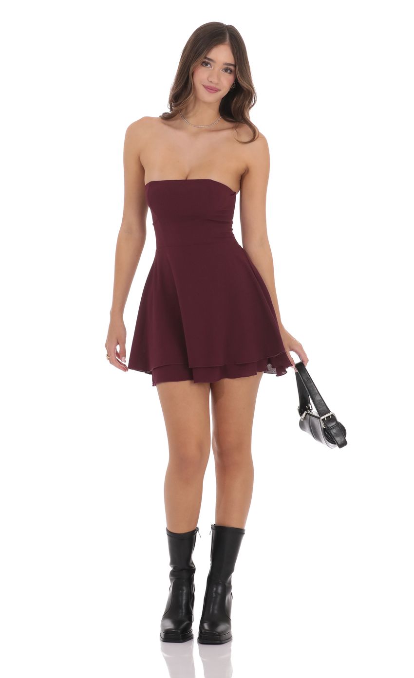 Lucy In The Sky Strapless Back Tie A-line Dress in Burgundy