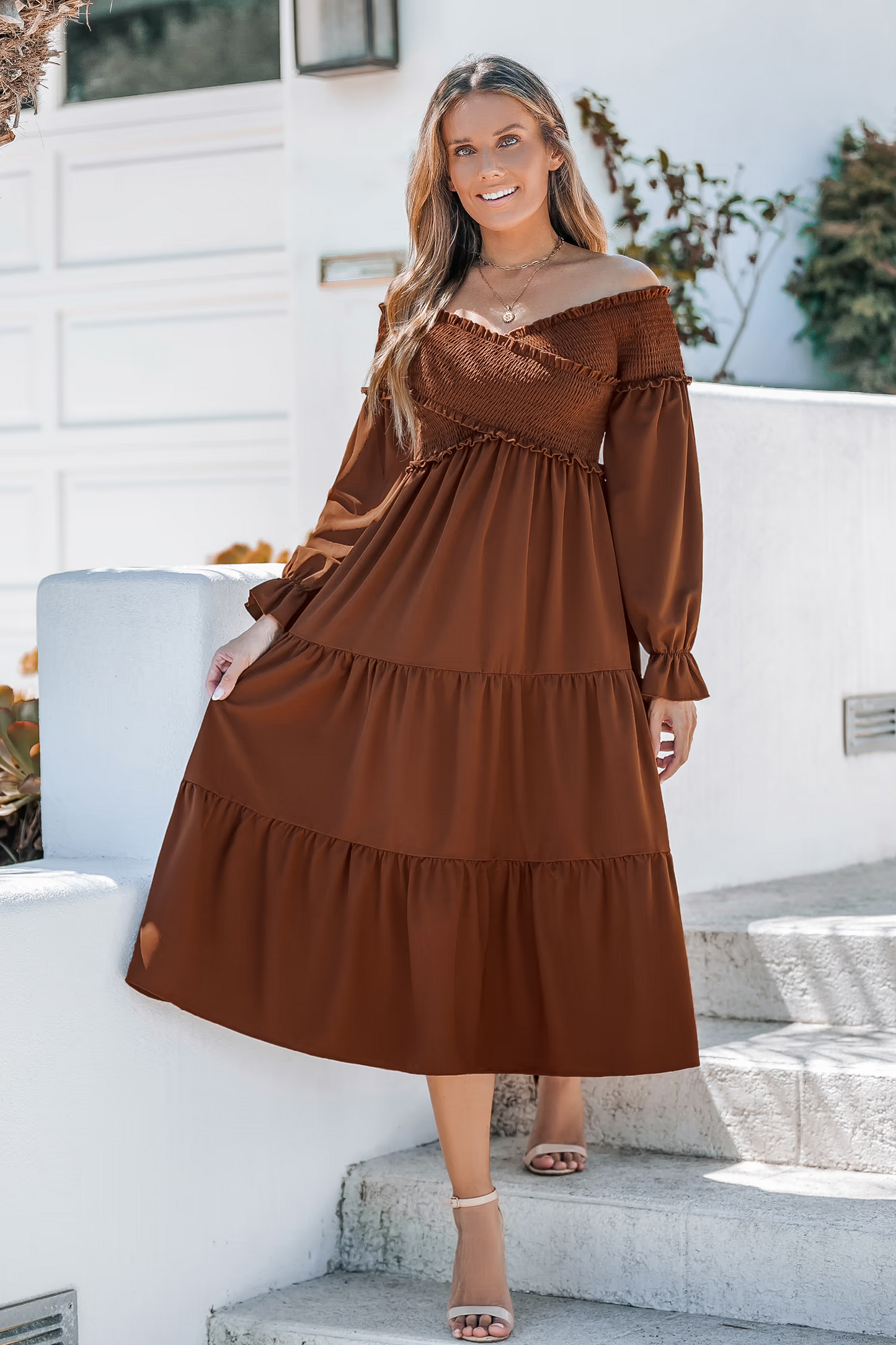 Cupshe Brown Off-Shoulder Smocked Bodice Poet Sleeve Midi Dress