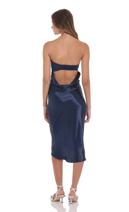Lucy In The Sky Strapless Satin Open Back Midi Dress in Navy