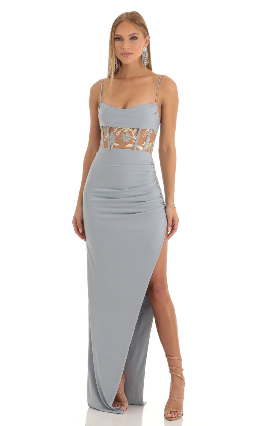 Lucy in the Sky Cutout Embroidered Corset Maxi Dress in Grey
