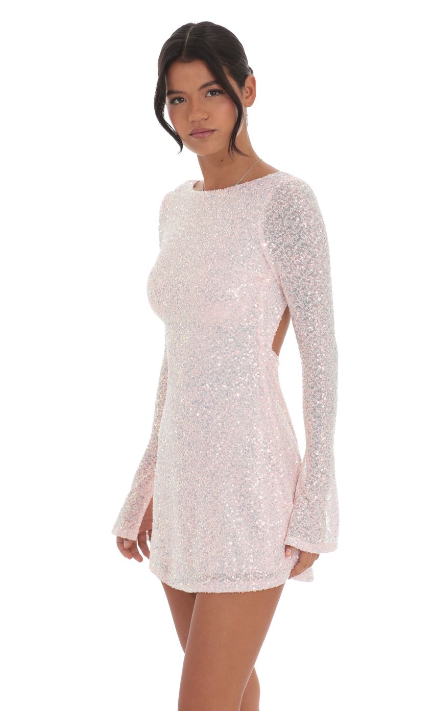 Lucy In The Sky Sequin Long Sleeve Open Back Dress in Pink
