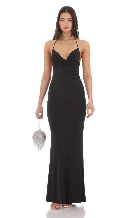 Lucy in the Sky Halter Open Back Butterfly Maxi Dress in Black