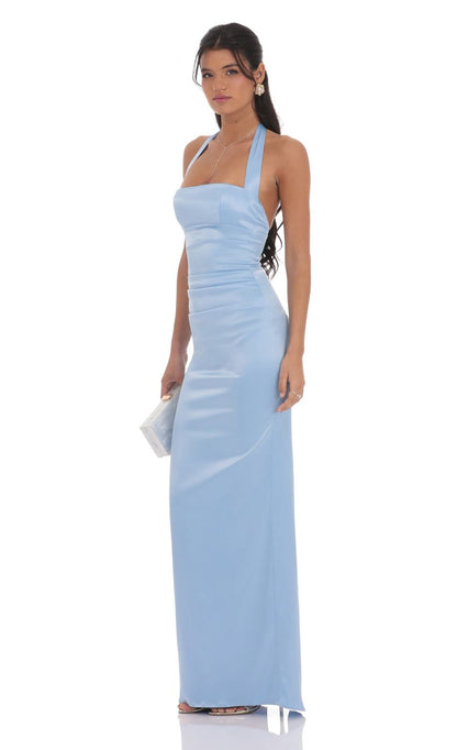 Lucy In The Sky Satin Halter Maxi Dress in Light Blue