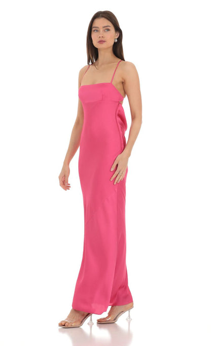 Lucy in the Sky Satin Open Back Maxi Dress in Pink