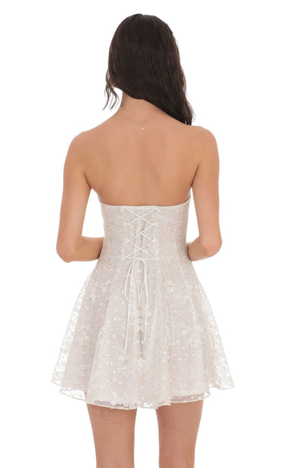 Lucy In The Sky Gold Thread Strapless Fit and Flare Dress in Ivory