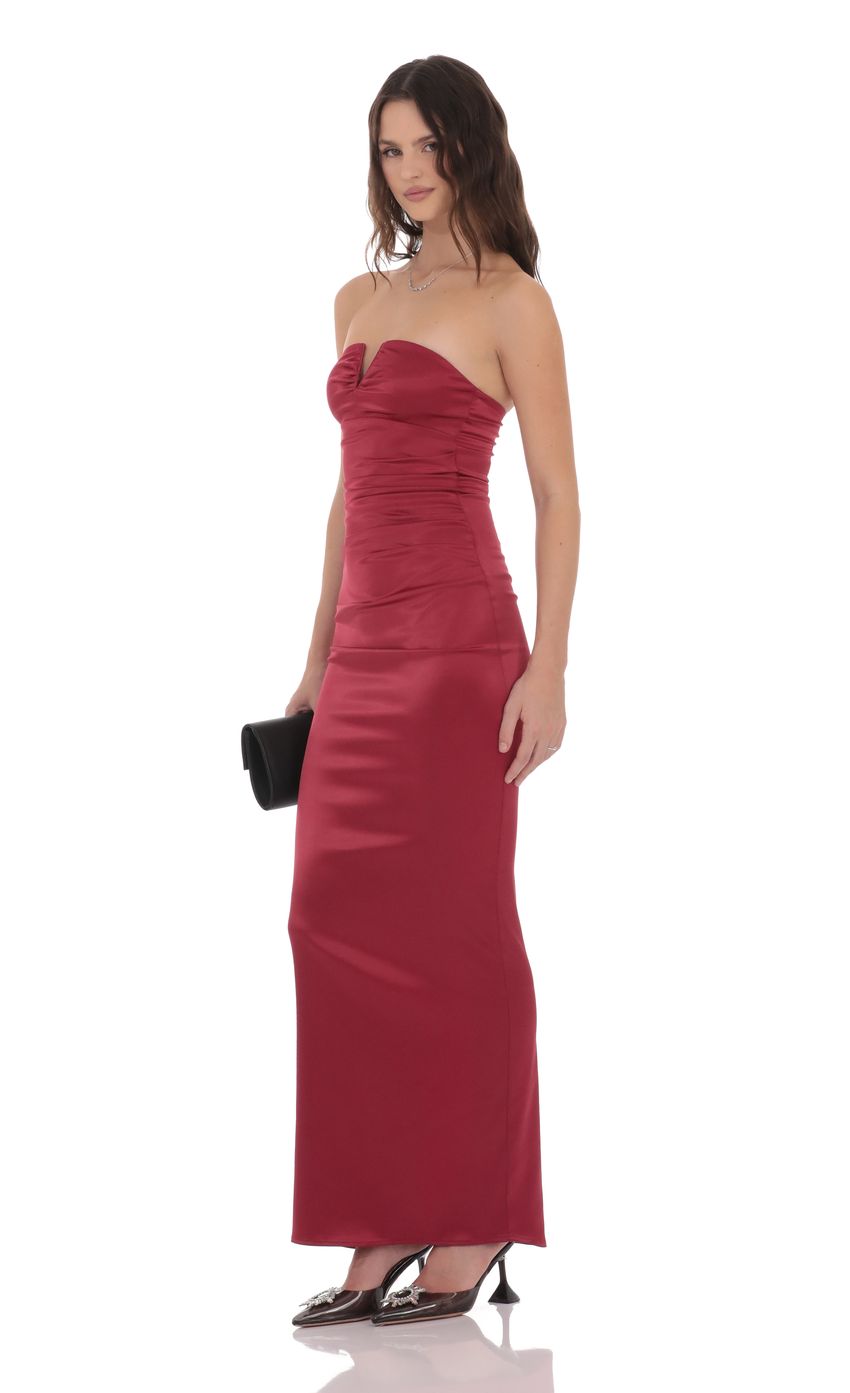 Lucy In The Sky Satin V-Strapless Maxi Dress in Maroon