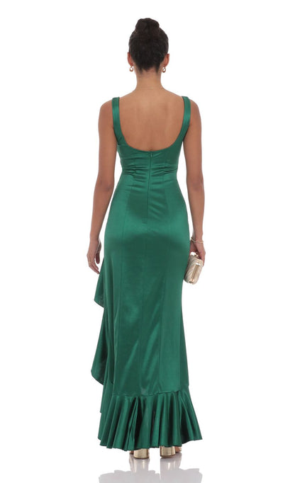 Lucy In The Sky Satin Ruched Ruffle Slit Maxi Dress in Green