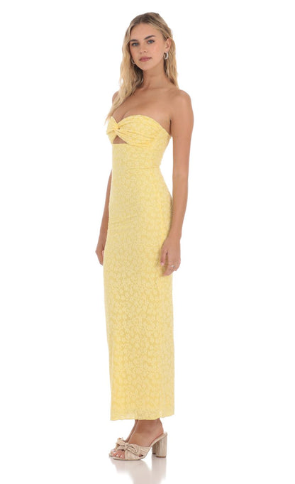 Lucy In The Sky Strapless Textured Floral Twist Maxi Dress in Yellow