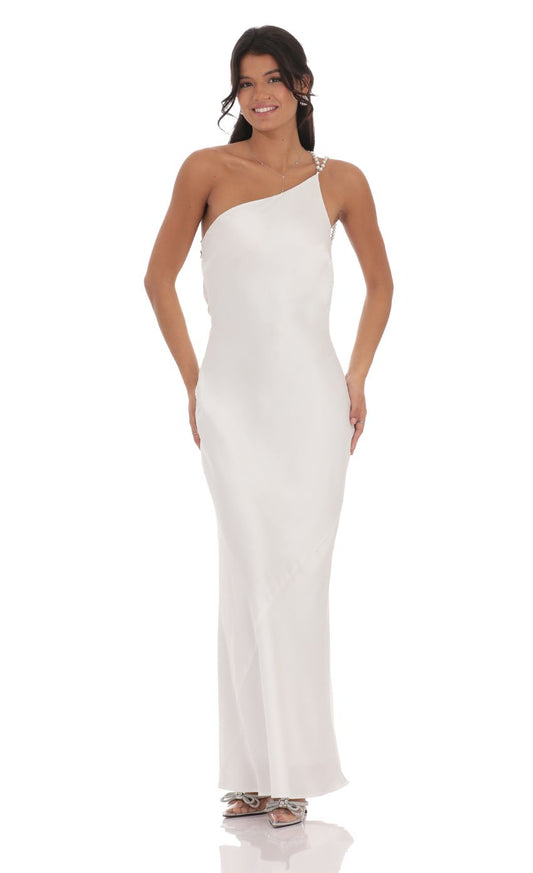 Lucy In The Sky One Shoulder Pearl Satin Maxi Dress in White