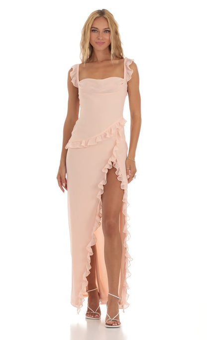 Lucy in the Sky Chiffon Ruffle Dress in Peach