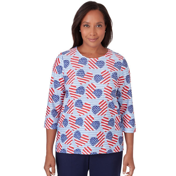 Alfred Dunner Women's Flag Hearts Three Quarter Sleeve Shirt