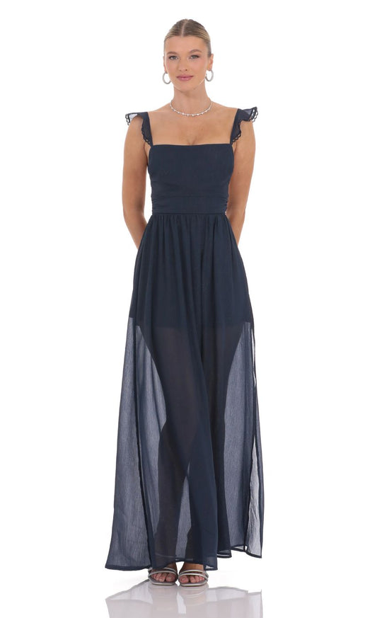 Lucy In The Sky Shimmer Chiffon Maxi Dress in Navy