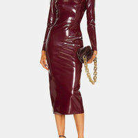 Ursime PU Leather High Neck Long Sleeve Bodycon Midi Dress