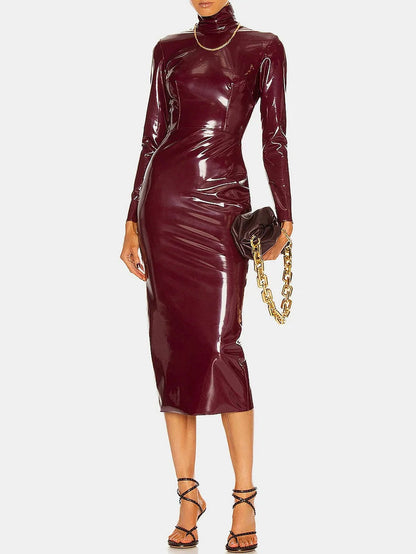 Ursime PU Leather High Neck Long Sleeve Bodycon Midi Dress