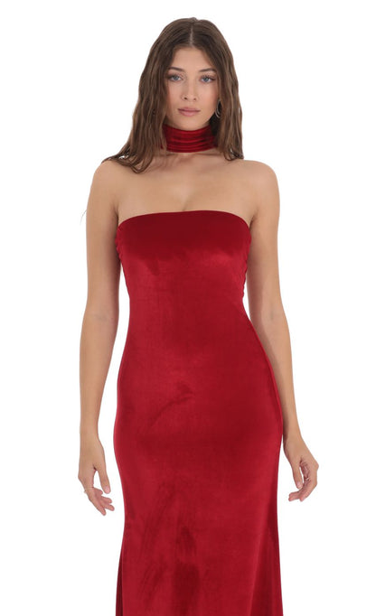 Lucy In The Sky Velvet Reverse Halter Maxi Dress in Red