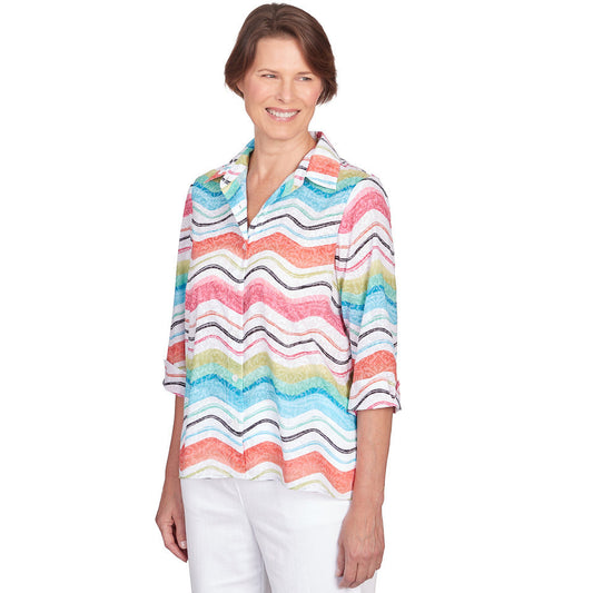 Alfred Dunner Women's Wavy Stripe Button Down Top