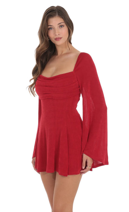 Lucy In The Sky Slinky Flare Sleeve Dress in Red