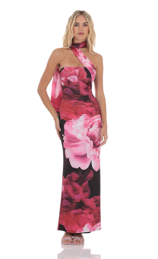 Lucy In The Sky Floral Scarf Maxi Dress in Red and Black