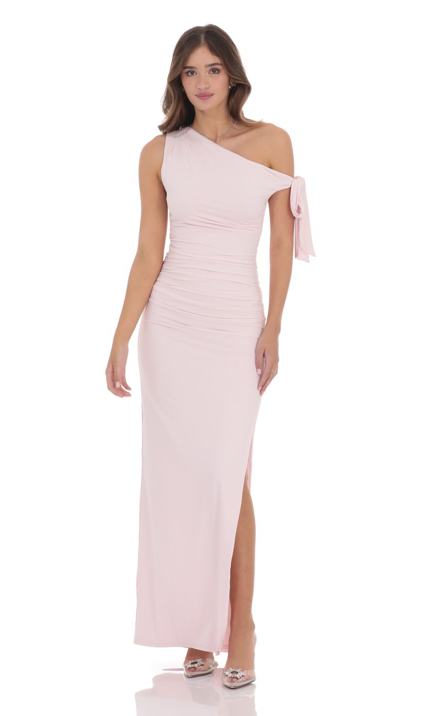 Lucy In The Sky Off Shoulder Tie Strap Maxi Dress in Pink