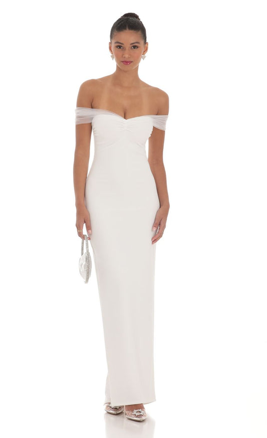 Lucy in the Sky Tulle Off Shoulder Sleeve Maxi Dress in White