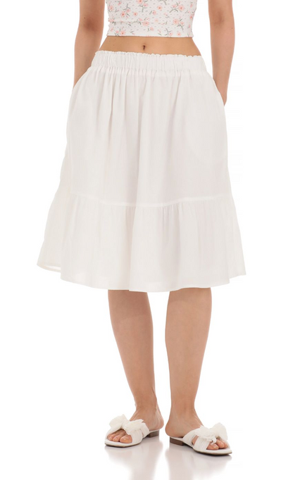 Lucy in the Sky Drawstring Midi Skirt in White