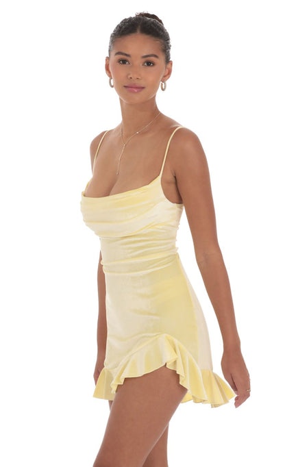 Lucy In The Sky Velvet Ruffled Slit Dress in Yellow