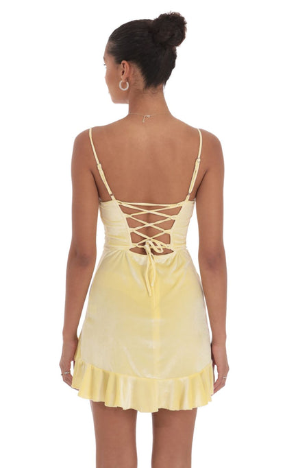 Lucy In The Sky Velvet Ruffled Slit Dress in Yellow