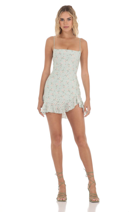 Lucy In The Sky Floral Eyelet Ruffle Dress in Mint Green