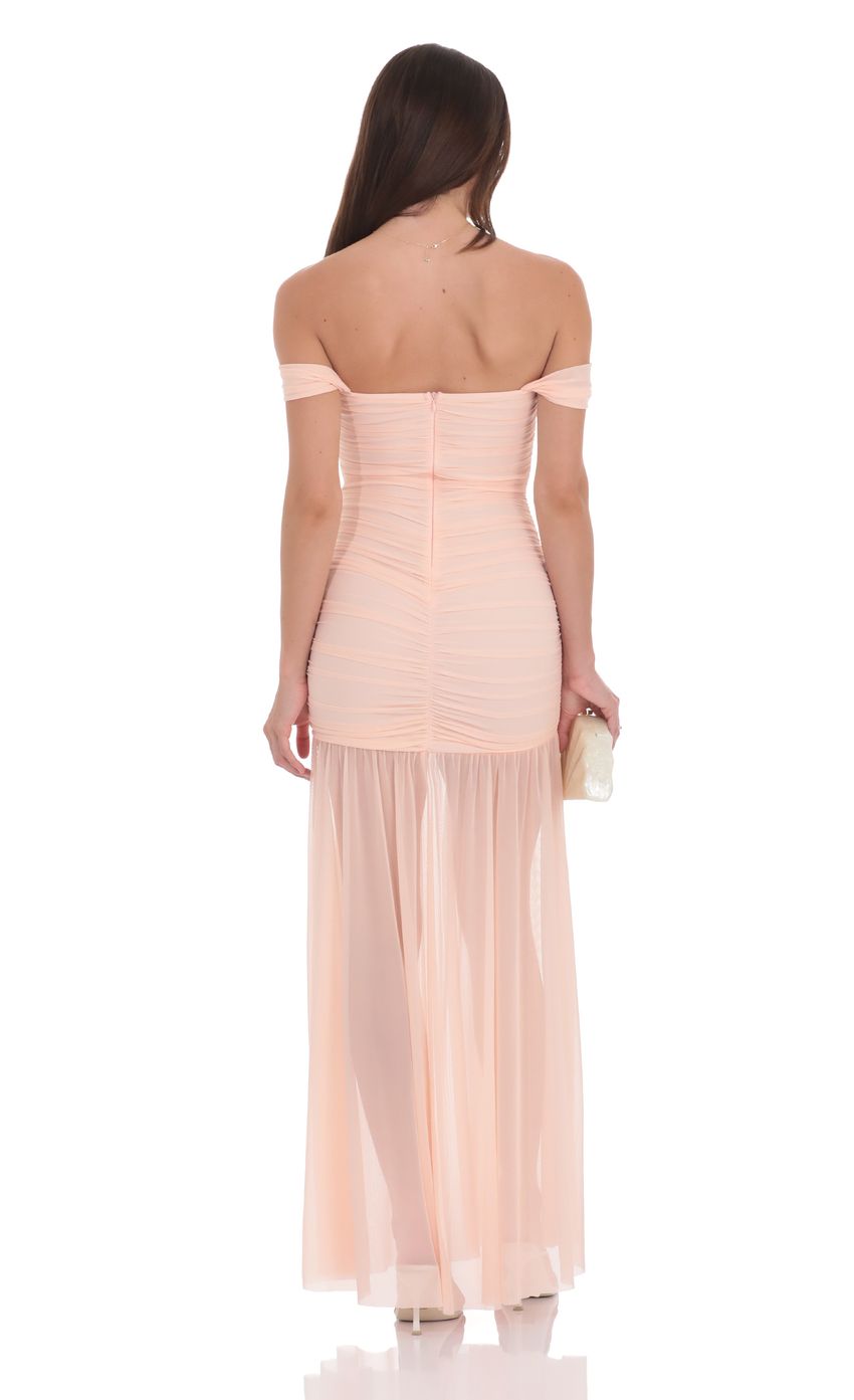 Lucy In The Sky Mesh Off Shoulder Ruched Maxi Dress in Blush Pink