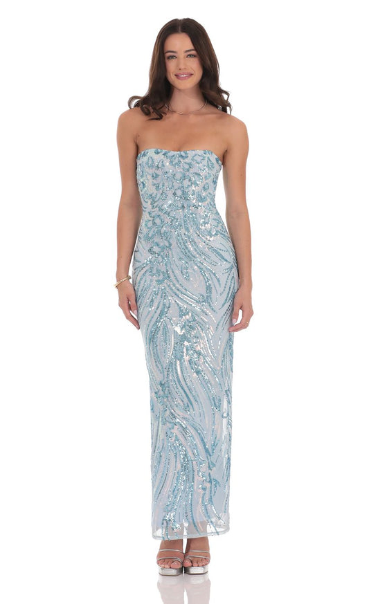 Lucy In The Sky Sequin Pattern Maxi Dress in Sky Blue