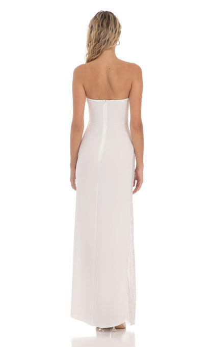 Lucy in the Sky Strapless Mesh Sequin Slit in White