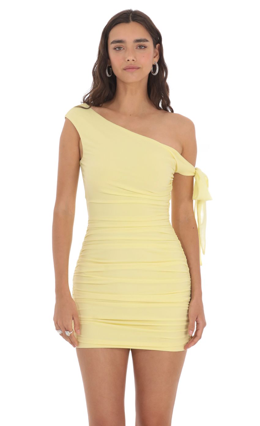 Lucy In The Sky Off Shoulder Ruched Bodycon Dress in Yellow