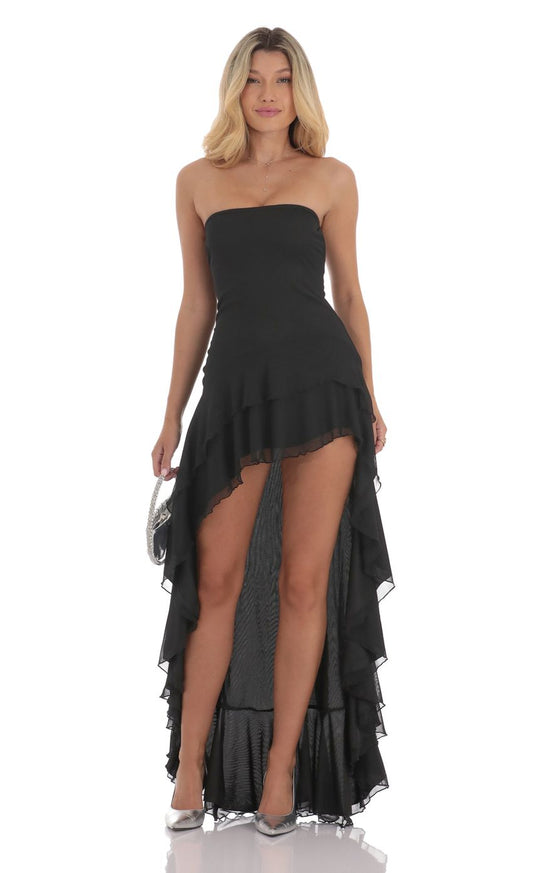 Lucy In The Sky Strapless Mesh High Low Dress in Black