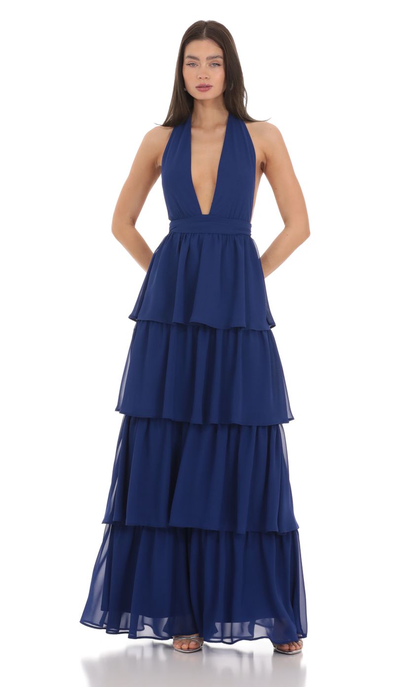 Lucy In The Sky Chiffon Plunge Ruffle Dress in Blue
