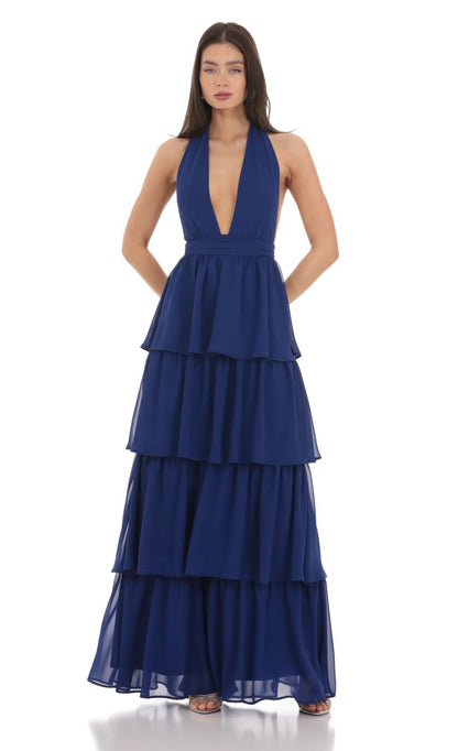 Lucy In The Sky Chiffon Plunge Ruffle Dress in Blue