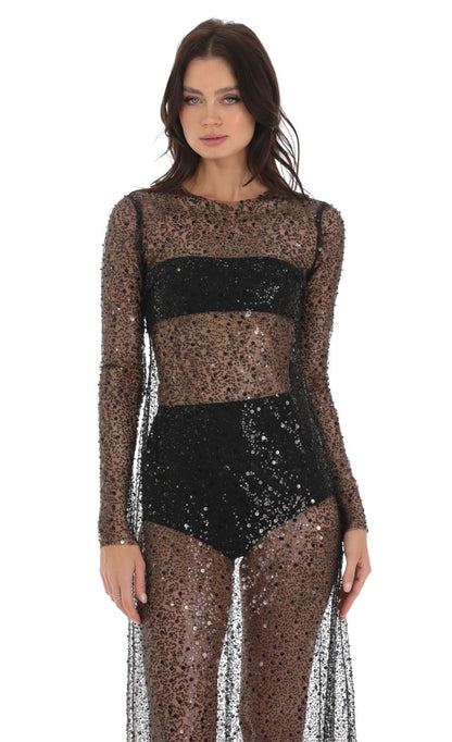 Lucy in the Sky Sequin Mesh Dress in Black