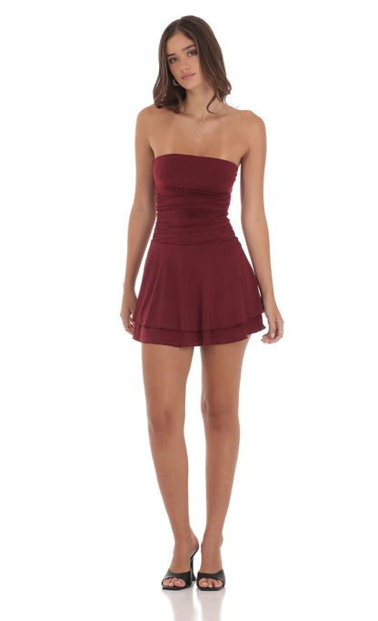 Lucy In The Sky Strapless Ruched A-line Dress in Maroon