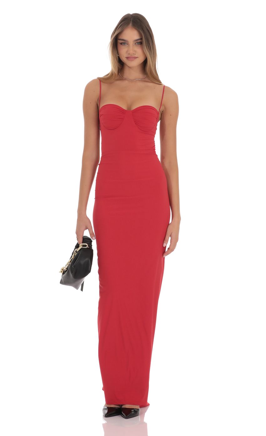 Lucy In The Sky Ruched Open Back Maxi Dress in Red